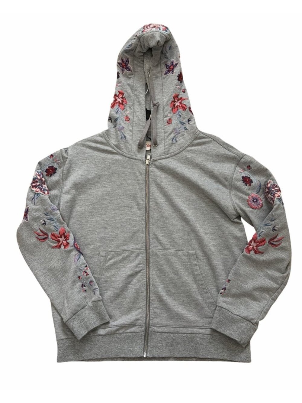 Driftwood Floral Embroidered Zip Up Hoodie Womens S Gray Boho Cotton Cottagecore